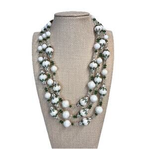 Vintage Vendome 3 Strand White Green Beaded Glass Choker Necklace (#B11)